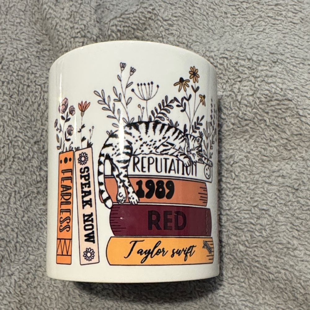 Taylor Swift Themed Mug with Cat and Books